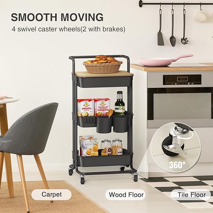 DTK 3 Tier Rolling Cart Uility Cart with Cover Board, Mobile Storage Cart with Wheels, Cups, Hooks for Office Utility Kitchen Bathroom Homeschool Art Craft Postpartum Teacher Cart Organizer(Black)-BrightBean Baby