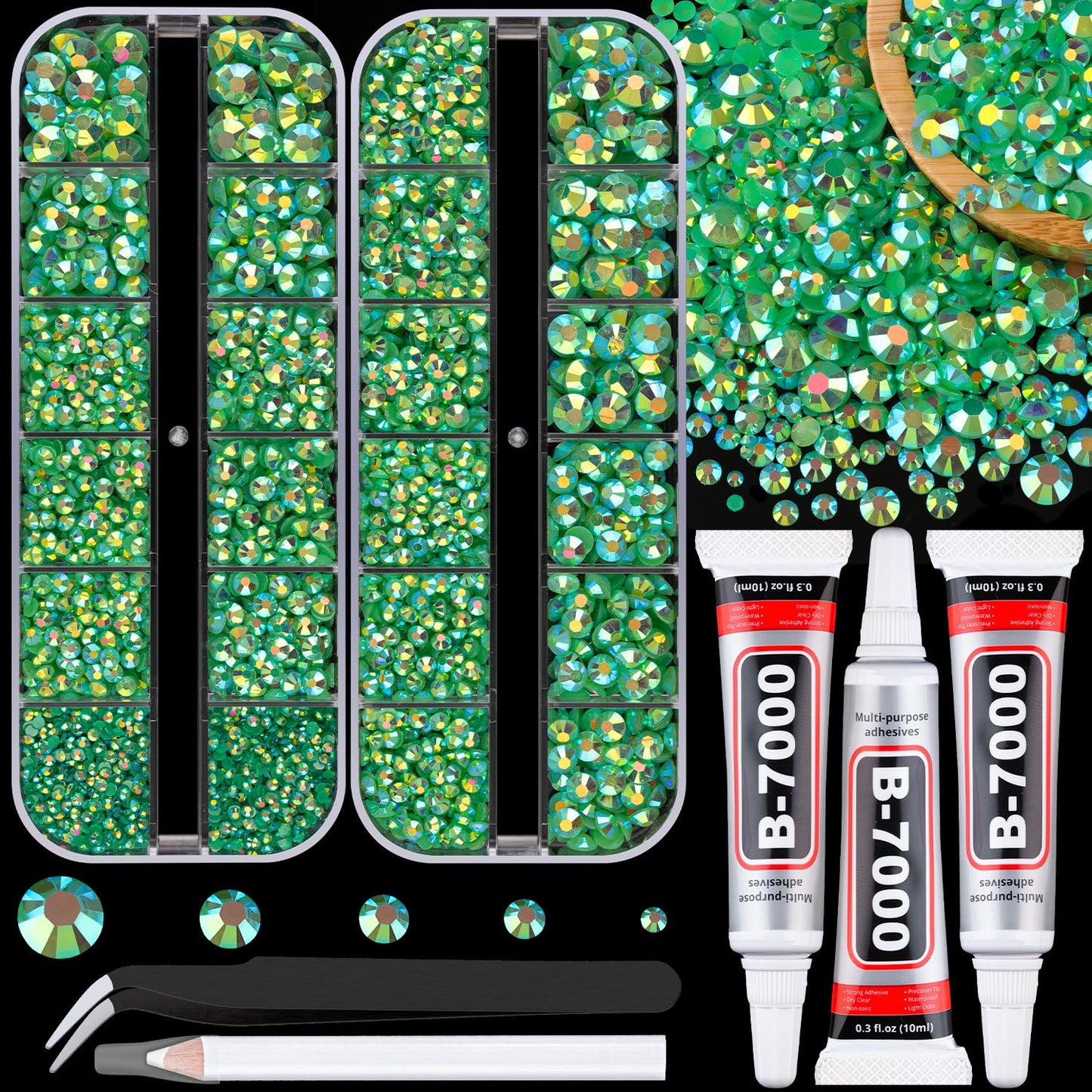 Resin Jelly Rhinestones for Crafting with B7000 Jewelry Glue, 2 Boxes Dark Green AB Flatback Crystals with 3Pcs 10ml Glue, Bedazzling Non Hotfix Gems for DIY Tumblers Clothing Shoes Manicure-BrightBean Baby