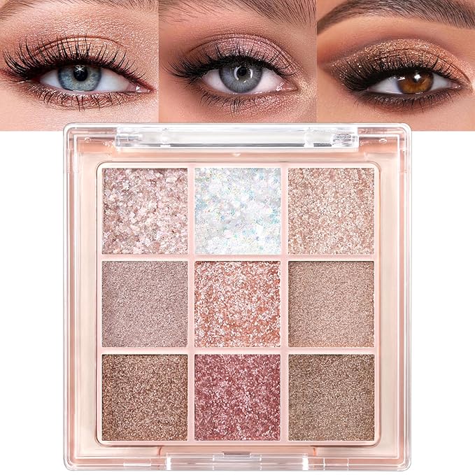 Erinde 9 Colors Eyeshadow Palette, Matte Shimmer Glitter Eye Shadow Palette Makeup, Highly Pigmented Long Lasting Waterproof, Natural Neutral Nude Eyeshadow Makeup Pallet, Diamond Snowflake-BrightBean Baby