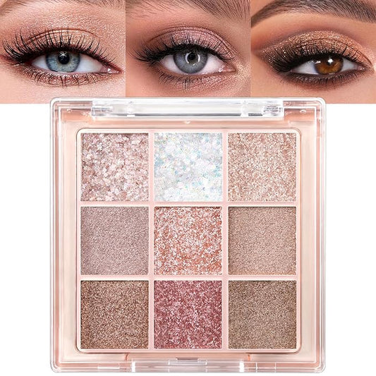 Erinde 9 Colors Eyeshadow Palette, Matte Shimmer Glitter Eye Shadow Palette Makeup, Highly Pigmented Long Lasting Waterproof, Natural Neutral Nude Eyeshadow Makeup Pallet, Diamond Snowflake-BrightBean Baby