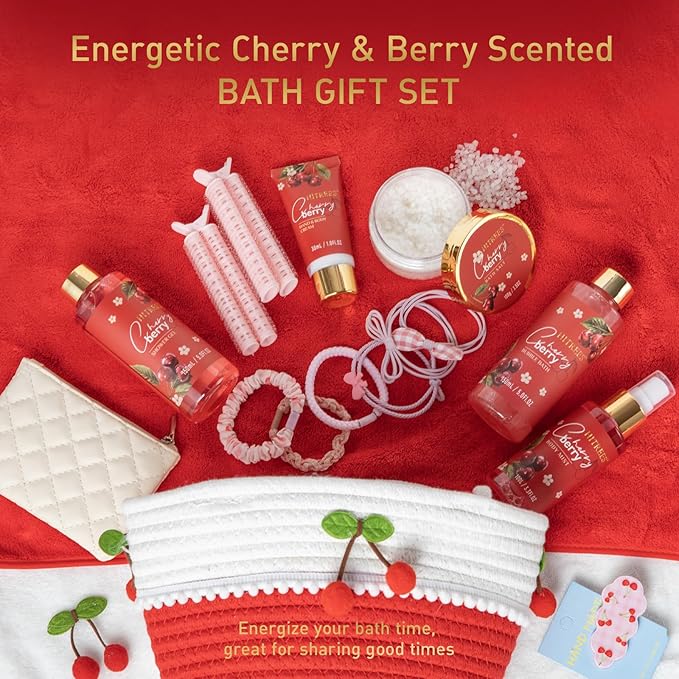 Spa Gifts for Women, Cherry & Berry Spa Gift Set for Teenage Tote Bag, Shower Gel, Hand & Body Lotion, Hitrees Birthday for Best Friend Woman, Mom, Mothers Day-BrightBean Baby