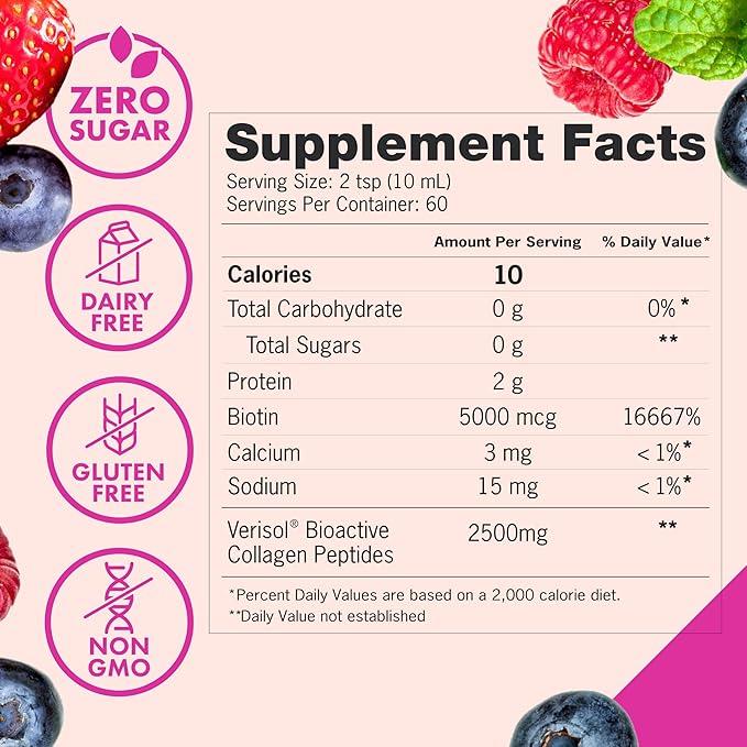 Zena Nutrition Liquid Collagen Peptides and Biotin, 2500mg Verisol Bioactive Collagen Peptides, 5000mcg Biotin, Hair, Skin, Nail Supplement for Women and Men, Mixed Berry, 60 Servings, 20.3 fl oz-BrightBean Baby