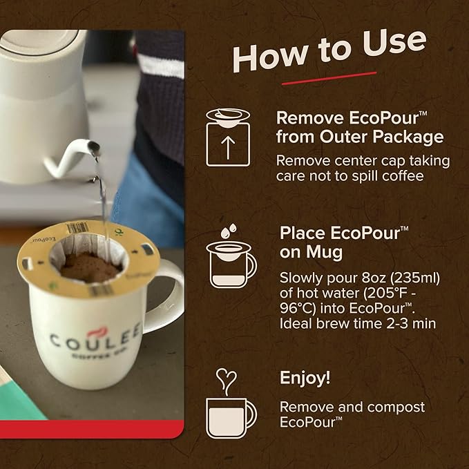 Coulée EcoPour Coffee Variety Pack, Single Serve Coffee, Use for Camping or Traveling, Pre Filled Compostable Filters, Ready to Brew with Hot Water, Includes 4 Flavors, 20 Pack