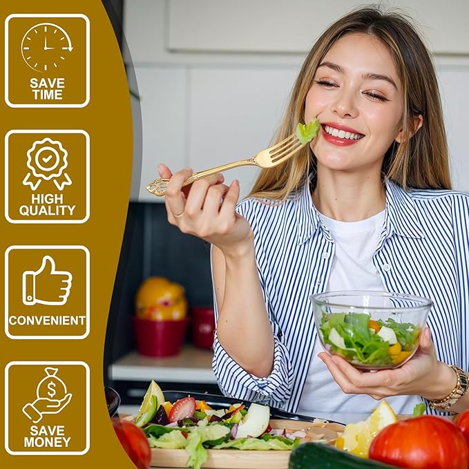 40PCS Gold Plastic Silverware - Heavy Duty Elegant Disposable Utensils - Gold Plastic Cutlery Set Includes 20 Forks, 10 Spoons, 10 Knives for Dinner, Parties, Weddings