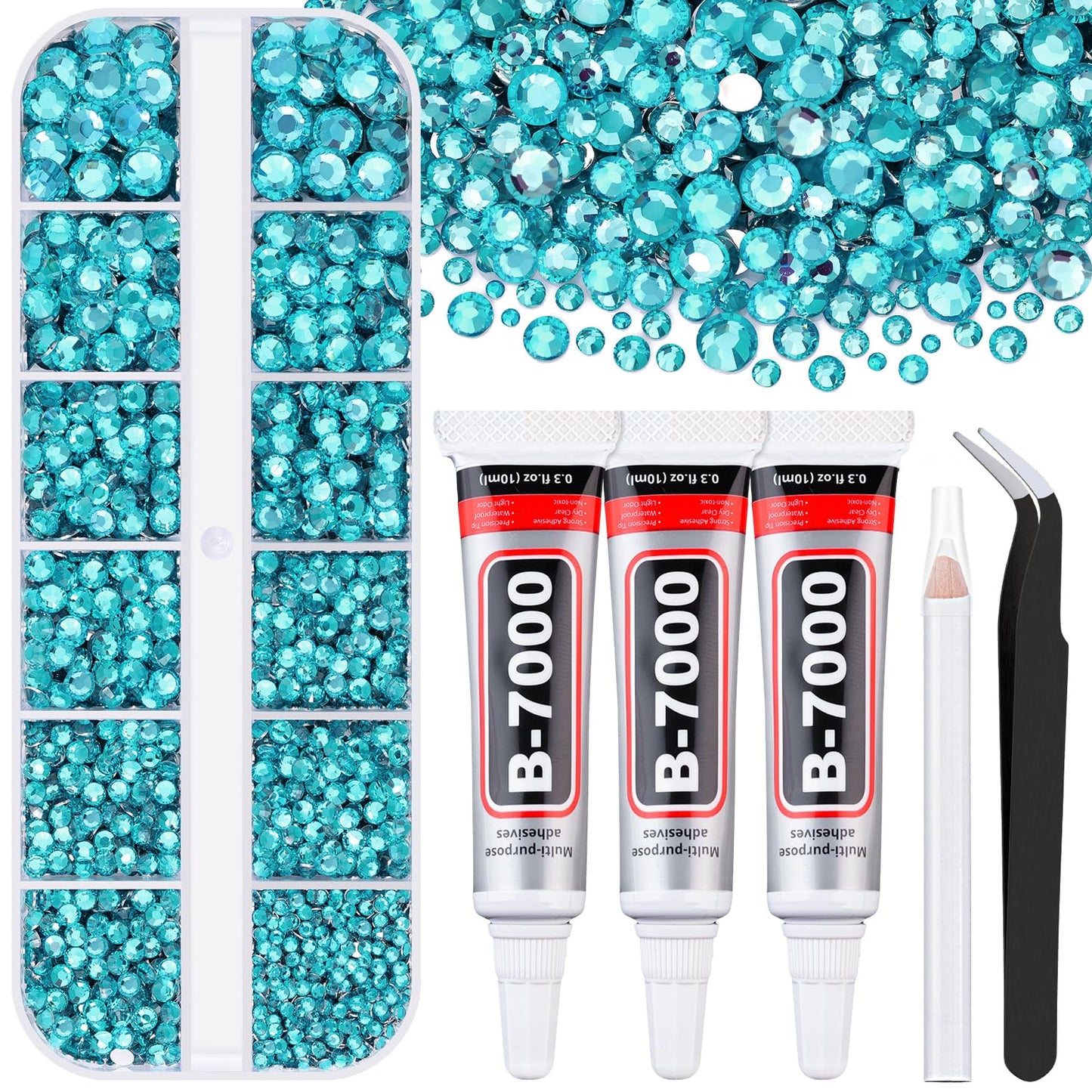 6000Pcs Resin Rhinestones for Bedazzling with 3Pcs B7000 Jewelry Glue, 1 Box Teal Blue Flatback Rhinestones for Crafting Crafts DIY, Crystals Gems for Clothing Shoes Tumblers Nail Art Makeup-BrightBean Baby