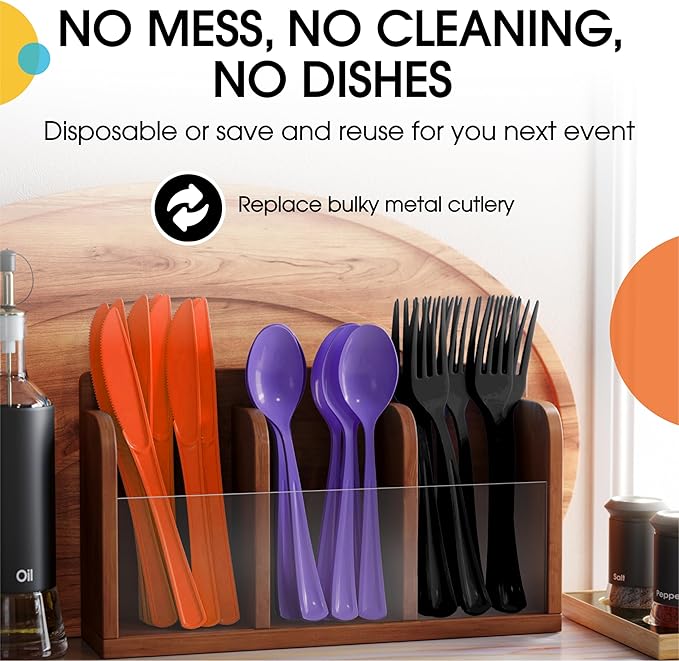 Party Solids Halloween Plastic Silverware Heavy Duty 150 Pieces Halloween Plastic Cutlery Sets, Utensil Sets, 50 Of Each Forks, Knives & Spoons Disposable Cutlery Set, Flatware Set For Party Supplies