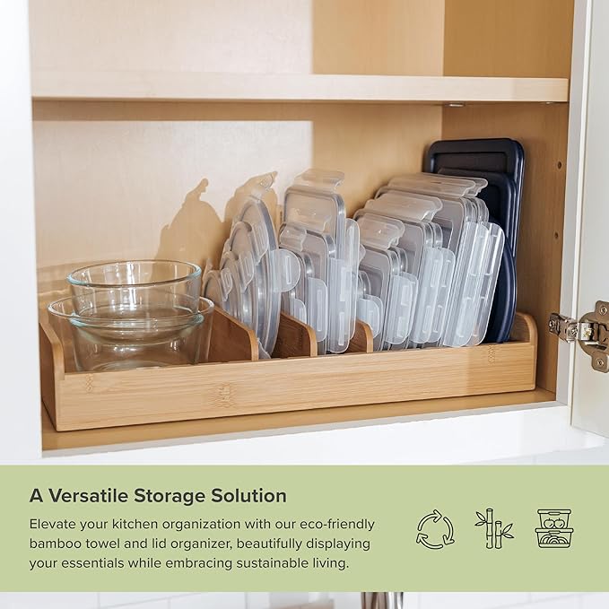 KitchenEdge Bamboo Kitchen Towel and Food-Storage Organizer, Perfect for Kitchen Drawers, Cabinets, Pantry, 5 Adjustable Wall Inserts, Organize & Store Plastic Food Containers