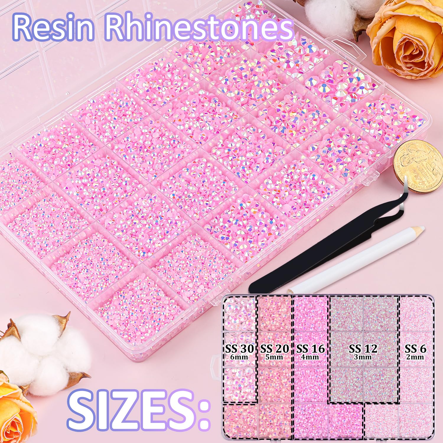30000Pcs Resin Jelly Rhinestones with Tweezers for Crafting, Light Pink AB Flatback Gems, Bedazzling Crystal with 3Pcs 10ml B7000 Jewelry Glue for DIY Crafts Clothing Tumblers Shoes Fabric Nail Art-BrightBean Baby