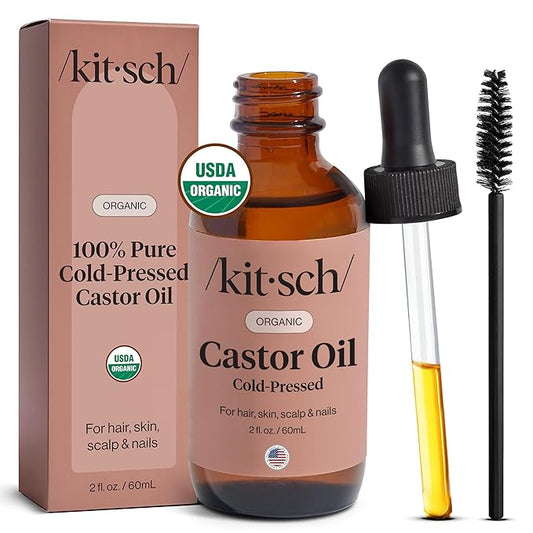 Kitsch Organic Castor Oil for Hair Growth - 100% Pure Castor Oil, Organic Cold Pressed Unrefined Glass Bottle for Face, Skin, Lashes, Brows, Scalp, Nails & Belly Button - Hexane Free, USDA - 2 oz-BrightBean Baby