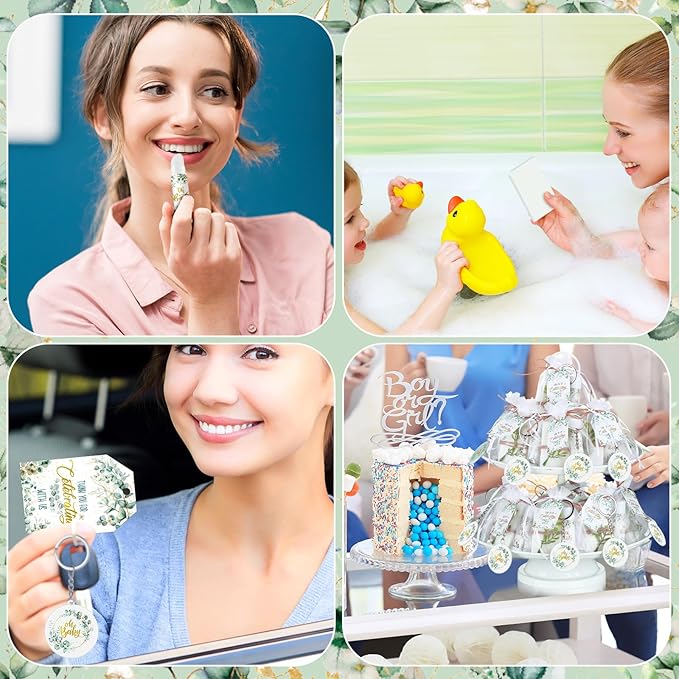 60 Sets 360 Pcs Lip Balm Soap Keychain Favors Eucalyptus Greenery Baby Shower Favors with Organza Bag Gift Card Faux Eucalyptus Greenery for Baby Shower Gift Gender Reveal Guest Prize-BrightBean Baby