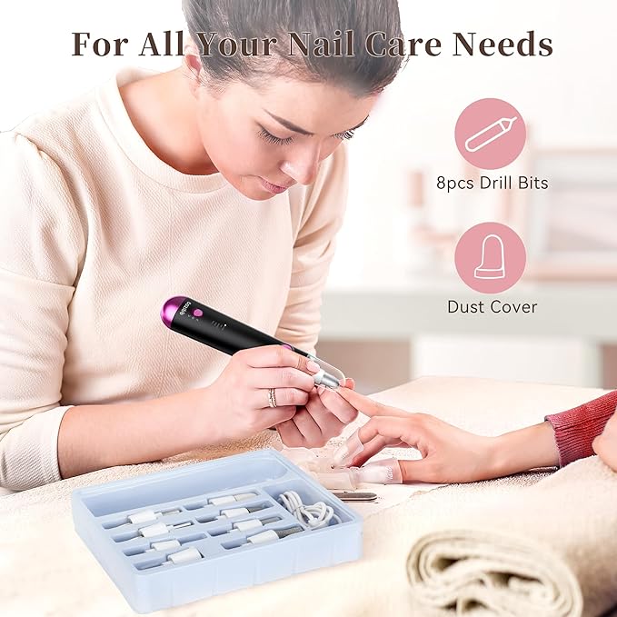 Electric Nail Drill, 8-in-1 Cordless Electric Nail File with LED Light, 5 Speeds Rechargeable Manicure and Pedicure Kit Hand Foot Care Tool for Nail Grinder Trim Polish for Women Baby-BrightBean Baby