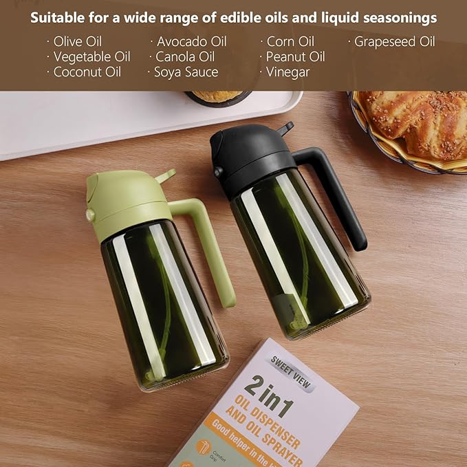 Olive Oil Dispenser and Oil Sprayer – 16oz/470ml Glass Light-Proof Oil Pourer for Kitchen, Air Fryer, Cooking, Salad, and BBQ