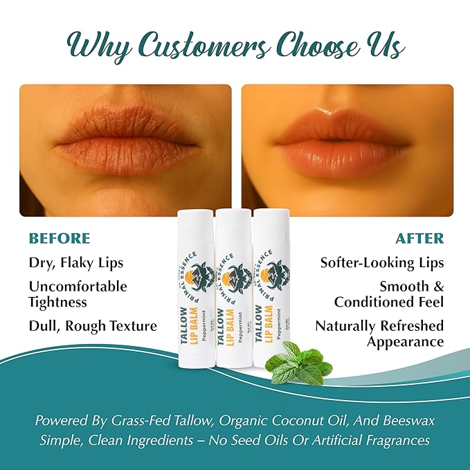 Moisturizing Tallow Lip Balm – Grass-Fed Beef Tallow with Organic Coconut Oil, Beeswax, and Vitamin E – Peppermint – Lip Balm Set – Travel Essential – 3-Pack-BrightBean Baby