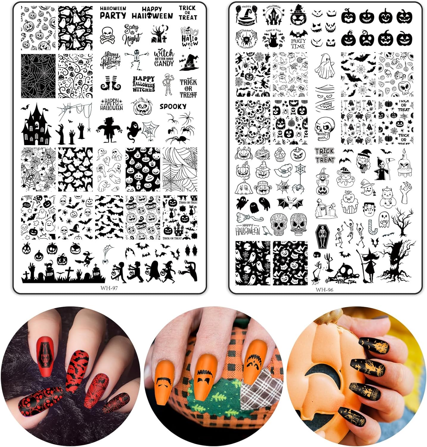 2Pcs Halloween Nail Art Stamping Plate Kit Skull Bat Witch Pumpkin Design Nail Art Plate for Holiday DIY Print Manicure Salon-BrightBean Baby