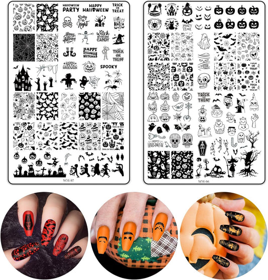 2Pcs Halloween Nail Art Stamping Plate Kit Skull Bat Witch Pumpkin Design Nail Art Plate for Holiday DIY Print Manicure Salon-BrightBean Baby