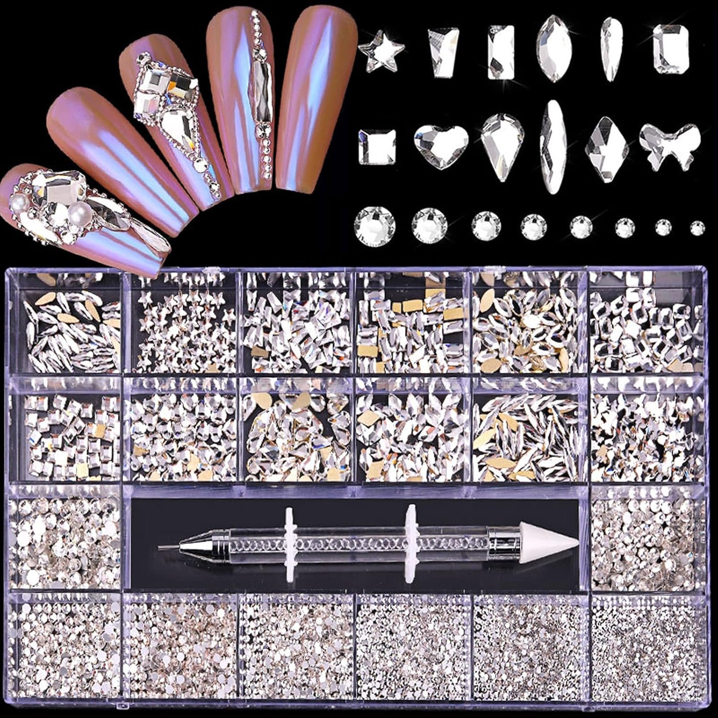 Nail Rhinestones Kit, Nail Art Decorations Flat AB Rhinestones Kit DIY Crafts Gemstones for Nail, Shoes, Clothes, Jewels (600 Clear Diamonds + 2500 Flat Rhinestone)-BrightBean Baby