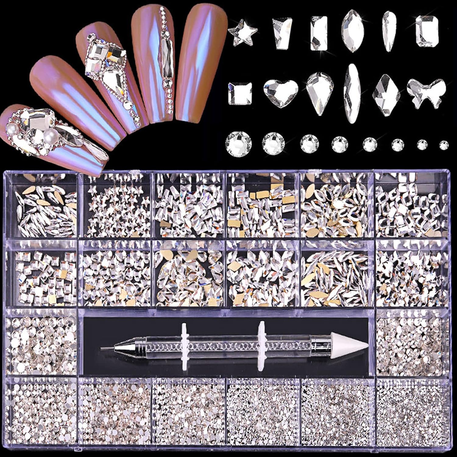 Nail Rhinestones Kit, Nail Art Decorations Flat AB Rhinestones Kit DIY Crafts Gemstones for Nail, Shoes, Clothes, Jewels (600 Clear Diamonds + 2500 Flat Rhinestone)-BrightBean Baby