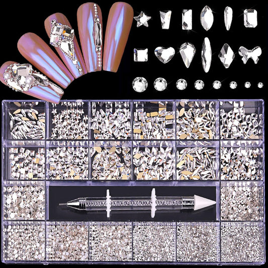 Nail Rhinestones Kit, Nail Art Decorations Flat AB Rhinestones Kit DIY Crafts Gemstones for Nail, Shoes, Clothes, Jewels (600 Clear Diamonds + 2500 Flat Rhinestone)-BrightBean Baby