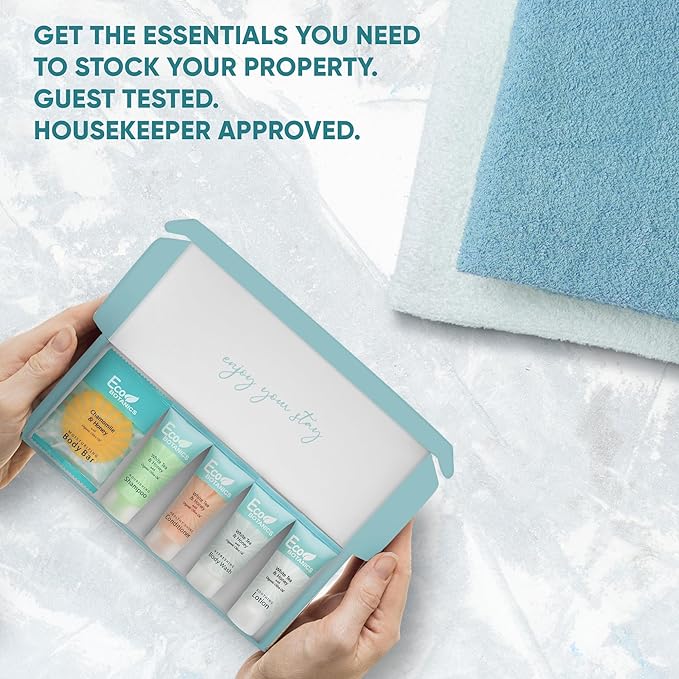 Eco Botanics Amenity Kit | Boxed Hotel Toiletries | Bulk Set .85 oz Travel Size Shampoo, Conditioner, Lotion, Body Wash & Body Bar Soap for Guest Hospitality AirBnB/Vacation Rentals | 60 sets per case-BrightBean Baby