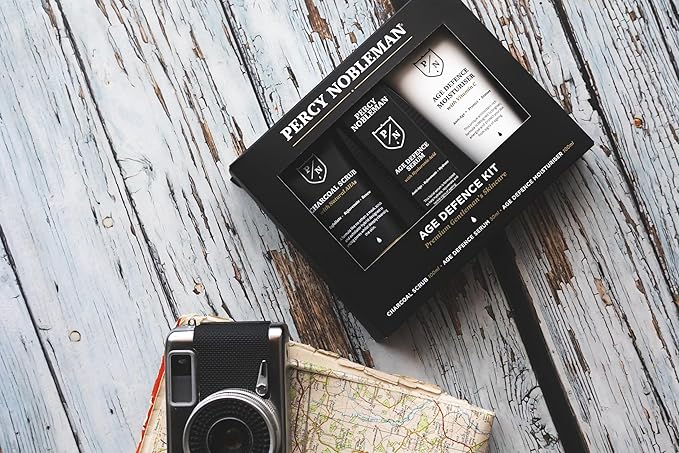 Percy Nobleman Age Defence Kit, a men's skincare set containing Charcoal Face Scrub (with Natural AHAs), ultra-hydrating Facial Serum (with Hyaluronic Acid), and Moisturiser (with Vitamin C)-BrightBean Baby