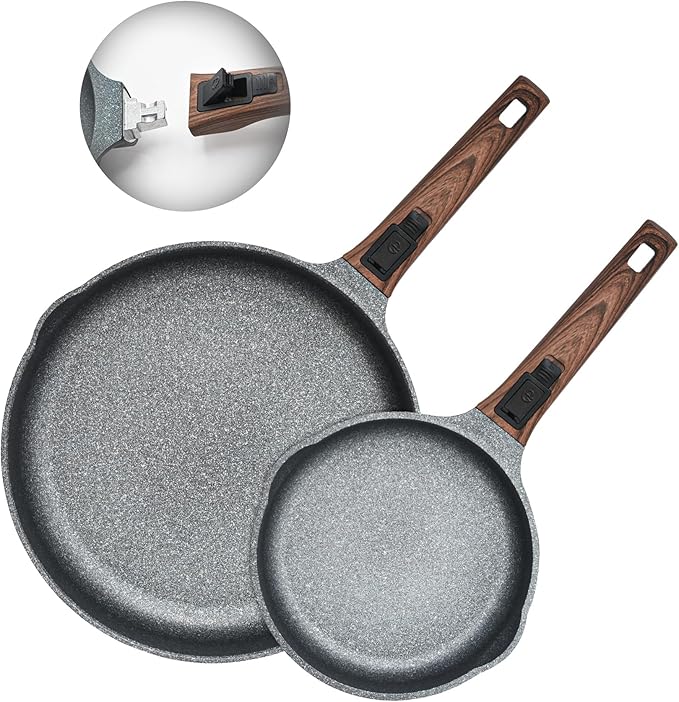 Smart Nonstick Frying Pan Set with Removable Handles - 8 & 12.5 Inch Cast Aluminum Cookware