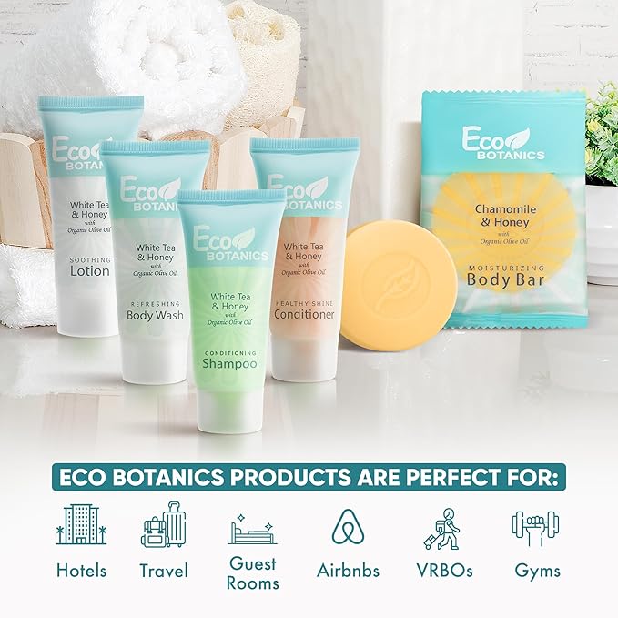 Eco Botanics Hotel Soaps & Toiletries Bulk Set | 0.85oz Hotel Shampoo & Conditioner, Body Wash, Body Lotion & Bar Soap Travel Size | Half Pallet, 36 cases with 300 units each - 10,800 pieces-BrightBean Baby