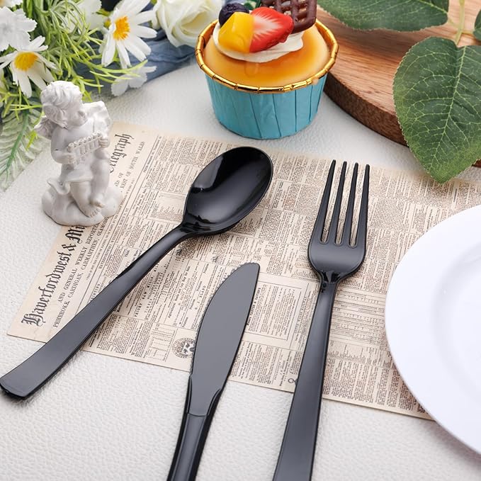 EI 360pcs Black Plastic Silverware,Disposable Cutlery,Plastic Silverware Heavy Duty,Plastic Spoons and Forks include 120pcs Forks,120pcs Spoons and 120pcs Knives,for Holiday, Birthday, Party