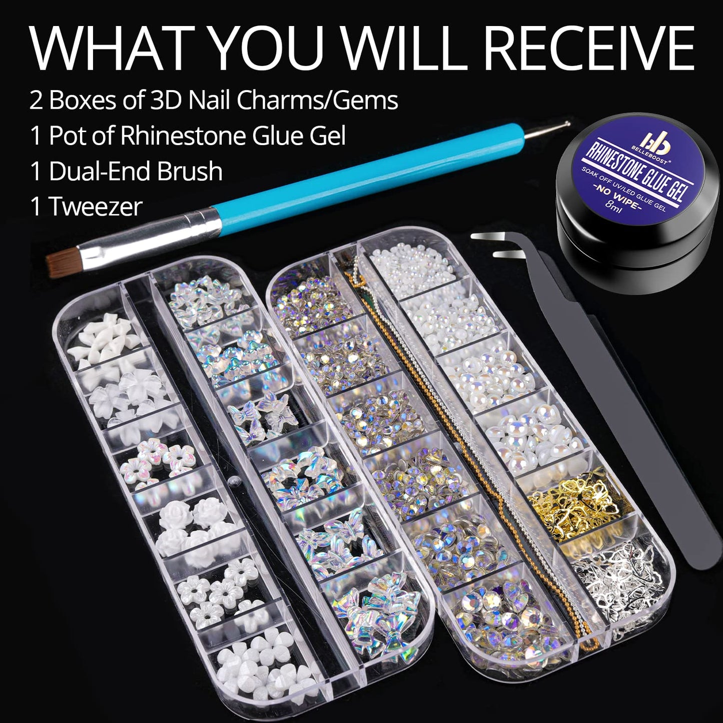 Mixed 3D Nail Art Gem Decoration Accessories Kit #4, Aurora Bear Bow Butterfly Starry AB Rhinestone Charm Jewelry for Deco, Pearl Flower Caviar Bead Stone Crystal with Dual-End Brush and Tweezer-BrightBean Baby