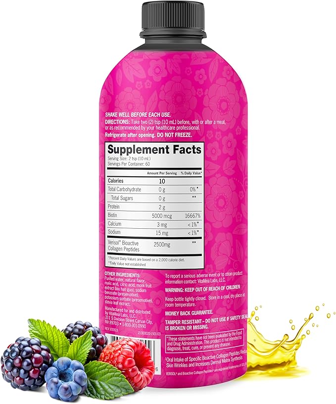Zena Nutrition Liquid Collagen Peptides and Biotin, 2500mg Verisol Bioactive Collagen Peptides, 5000mcg Biotin, Hair, Skin, Nail Supplement for Women and Men, Mixed Berry, 60 Servings, 20.3 fl oz-BrightBean Baby