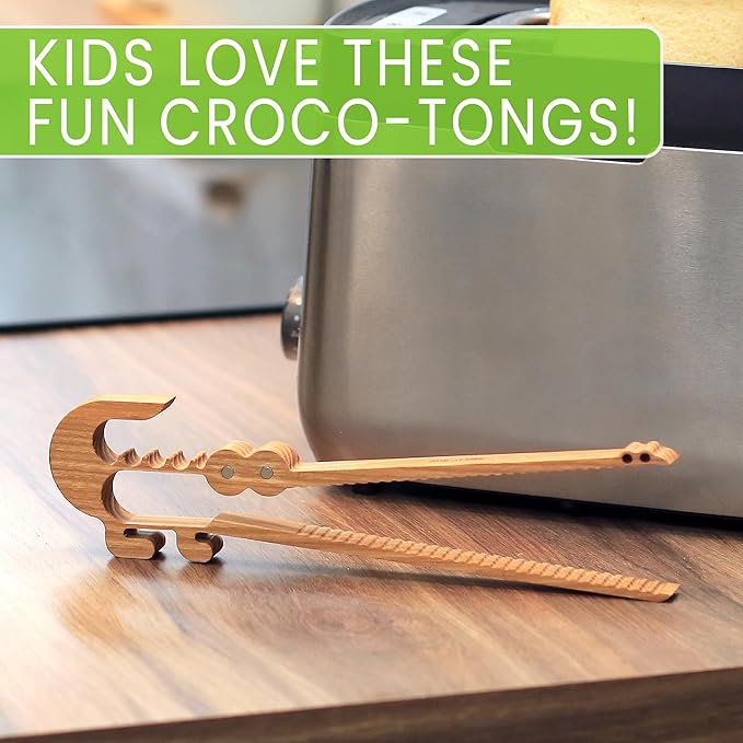 Crocodile-Shaped Wooden Toaster Tongs | 11-Inch Magnetic Kitchen Utensil for Cooking, Camping, and Outdoor Use | Fun, Easy Storage, Superior Grip | Great for Kids & Adults, Toast, BBQ