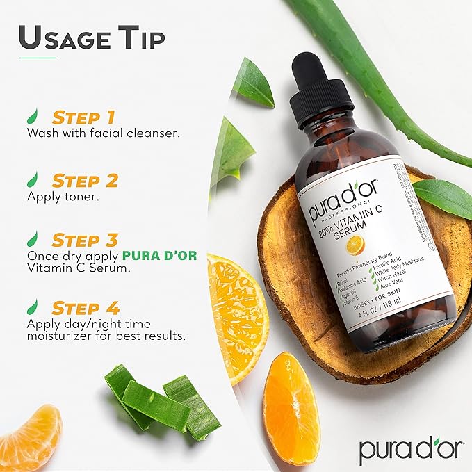 PURA D'OR 20% Vitamin C Serum 4 Oz - Lightweight Maximum Strength Formula - Retinol, Hyaluronic Acid, Ferulic Acid - Professional Grade Treatment For Face & Eyes, Wrinkles - Men & Women-BrightBean Baby