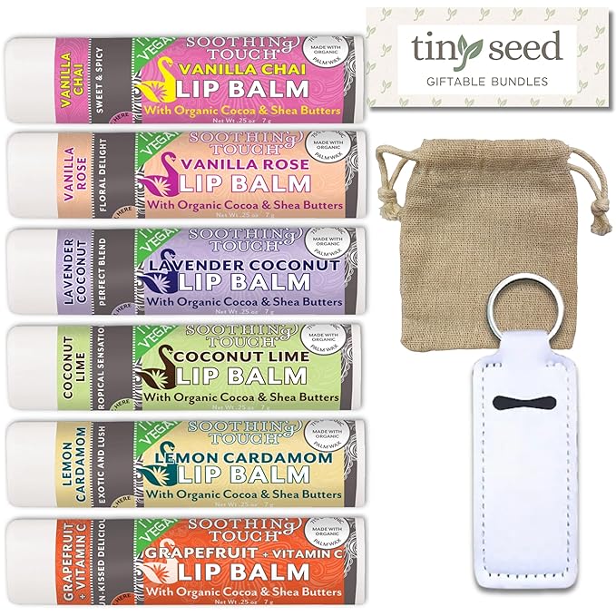 Vegan Lip Balm Set - Pack of 6 Soothing Touch Lip Balms. Includes Muslin Pouch and Lip Balm Holder (White): Lavender Coconut, Vanilla Chai, Vanilla Rose, Coconut Lime, Lemon Cardamom, Grapefruit-BrightBean Baby
