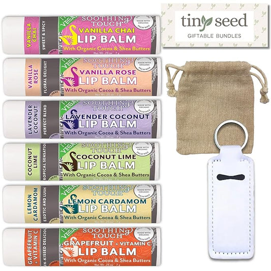 Vegan Lip Balm Set - Pack of 6 Soothing Touch Lip Balms. Includes Muslin Pouch and Lip Balm Holder (White): Lavender Coconut, Vanilla Chai, Vanilla Rose, Coconut Lime, Lemon Cardamom, Grapefruit-BrightBean Baby