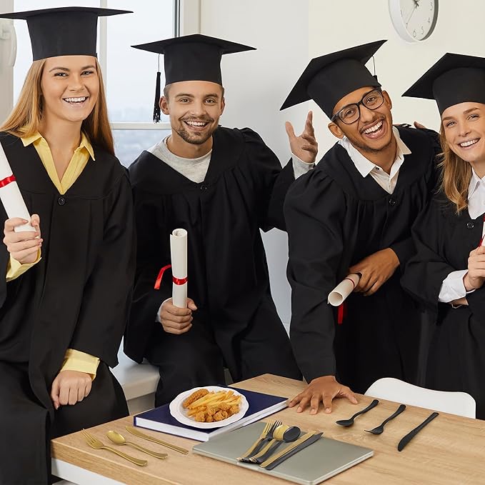 300 Pieces Black and Gold Plastic Silverware Heavy Duty Plastic Cutlery Set Disposable Flatware Includes Spoons Forks Knifes for Party Supplies