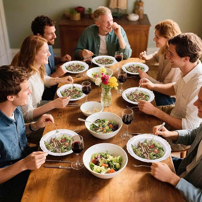 DaYammi 30 Pack Plastic Bowls with Gold Rim, 12oz Disposable Soup Bowls, Heavy Duty Dinner Bowls for Weddings, Parties, Dinners, Catering and Everyday Use