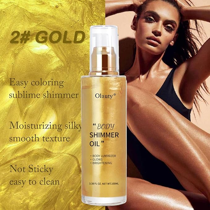 Shimmer Body Oil-Gold Face Brighten Glow Pearl Highlighter Liquid Illuminator Body Glow Oil,4 Color Bronze Makeup Glitter Body Shimmer Oil with Makeup Brush-BrightBean Baby