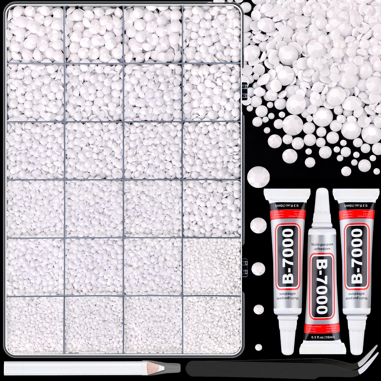 25000Pcs Resin Rhinestones with Tweezers for Crafting, White 2-6mm Mixed Sizes Bedazzling Crystal with 3Pcs 10ml B7000 Jewelry Glue for DIY Crafts Clothing Tumblers Shoes Fabric Nail Art-BrightBean Baby