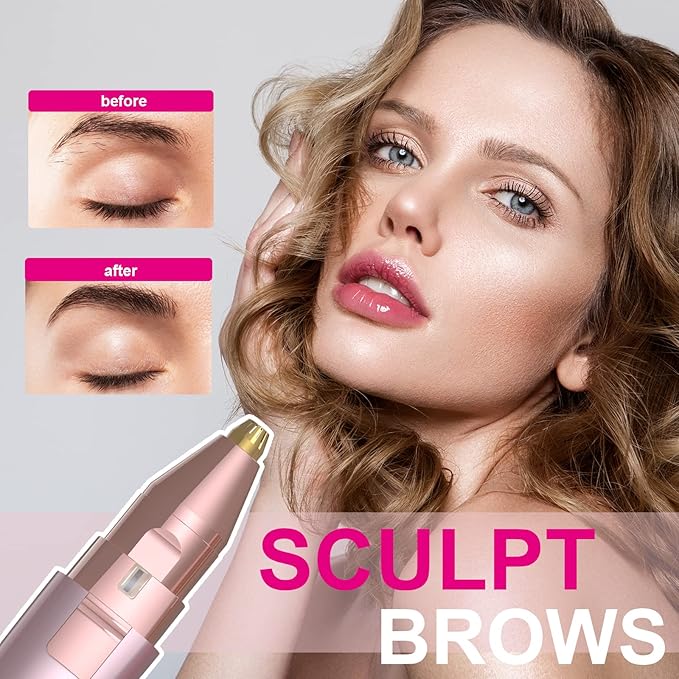 Eyebrow Razor & Facial Hair Removal for Women (2 in 1, USB Rechargeable), 100% Painless Hair Removal, Eyebrow Trimmer and Hair Remover Kit with Light for Eyebrow, Face Peach Fuzz, Lips, Body (Pink)-BrightBean Baby