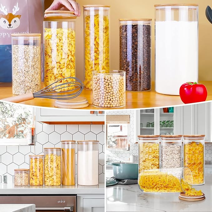 Glass Jars with Bamboo Lids 53 FL OZ [Set of 4], Glass Canisters with Airtight Lids, Glass Food Storage Containers for Pasta, Oats, Coffee, Flour, Sugar, Rice, Best for Kitchen & Pantry