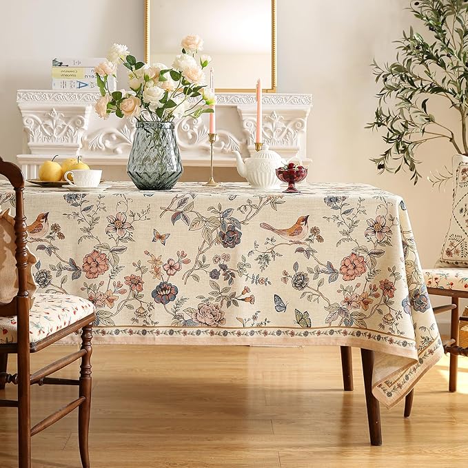 ISAENNE Designer French Light Beige Long Tablecloth Rectangle,Linen Florals and Birds Pattern Table Cloth,Anti-Wrinkle Decorative Tablecloths for Dining Thanksgiving Kitchen,63"*94"-Cornucopia