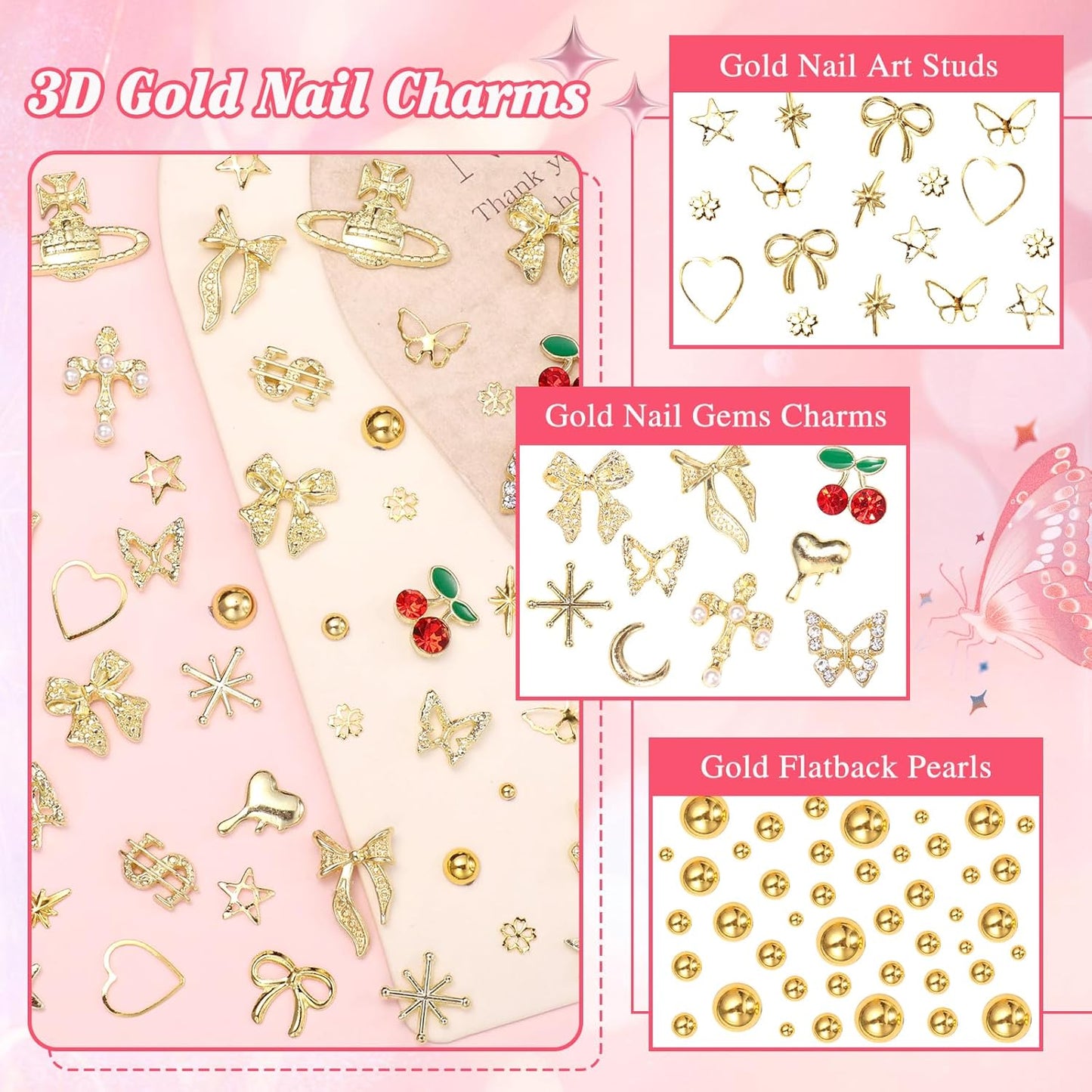 2 Boxes Alloy Gold Nail Charms, 3D Butterfly Star Cherry Nails Gems Charms, Mixed Shapes Golden Bows Heart Star Nail Studs Gold Flatback Pearls Beads for Nails Art Design DIY Accessories-BrightBean Baby