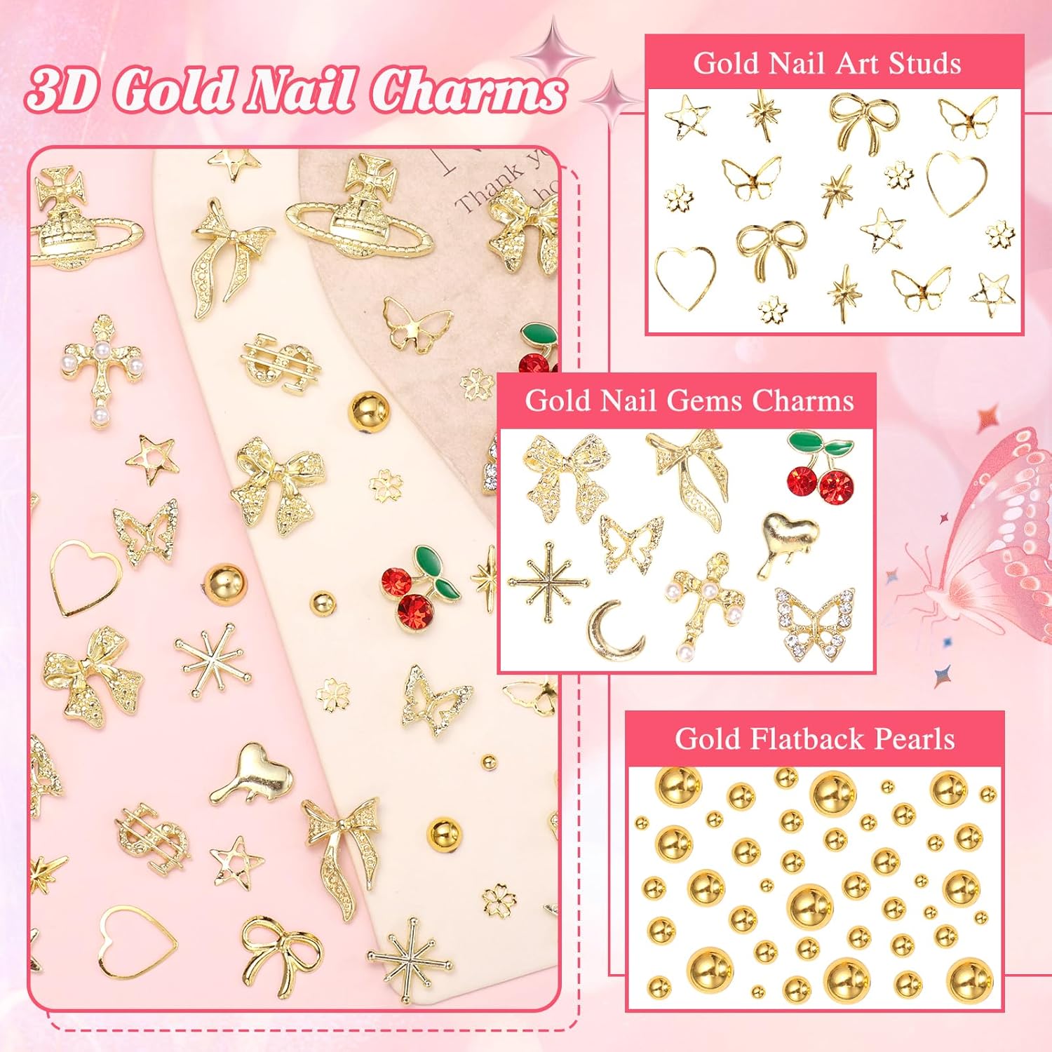 2 Boxes Alloy Gold Nail Charms, 3D Butterfly Star Cherry Nails Gems Charms, Mixed Shapes Golden Bows Heart Star Nail Studs Gold Flatback Pearls Beads for Nails Art Design DIY Accessories-BrightBean Baby