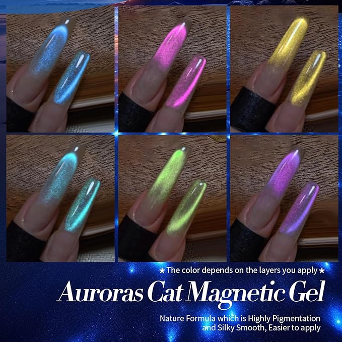 Born Pretty Cat Magnetic Eye Gel Nail Polish Aurora Mermaid Blue Purple Pink Yellow Red Gel Polish Glass Holographic Glitter Gel Nail Polish for Nail Art Manicure Salon DIY 6PCS 7ML-BrightBean Baby