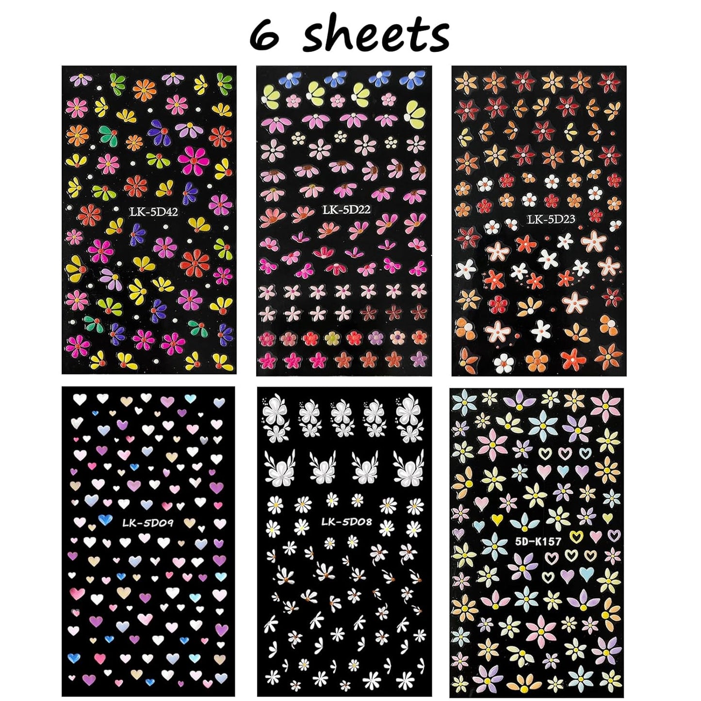 Flower Nail Art Stickers Decals 5D Embossed Nail Decals Spring Summer Nails Design Self-Adhesive Supplies Accessories 3D Flower for Women Nails DIY Decoration(6 Sheets)-BrightBean Baby