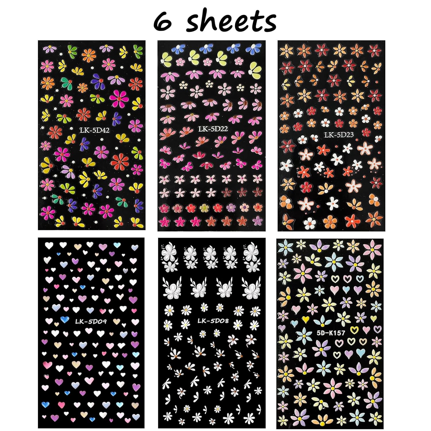 Flower Nail Art Stickers Decals 5D Embossed Nail Decals Spring Summer Nails Design Self-Adhesive Supplies Accessories 3D Flower for Women Nails DIY Decoration(6 Sheets)-BrightBean Baby