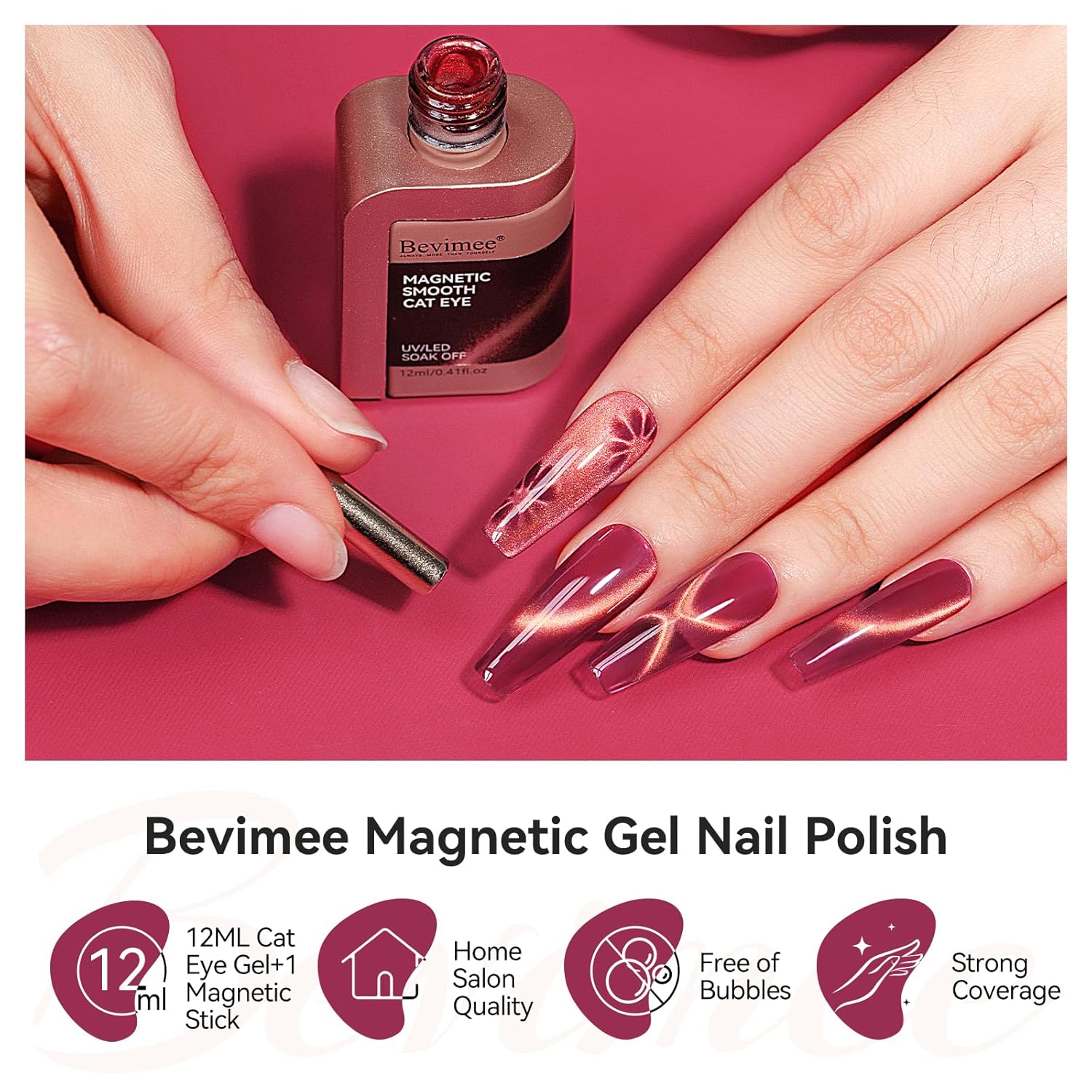 Cat Eye Gel Nail Polish Red Glass Jelly Magnetic Nail Polish Gel Shimmer Glitter Gloss Shine Holographic Wine Color Velvet For Nail Art Manicure DIY At Home 12ml-BrightBean Baby