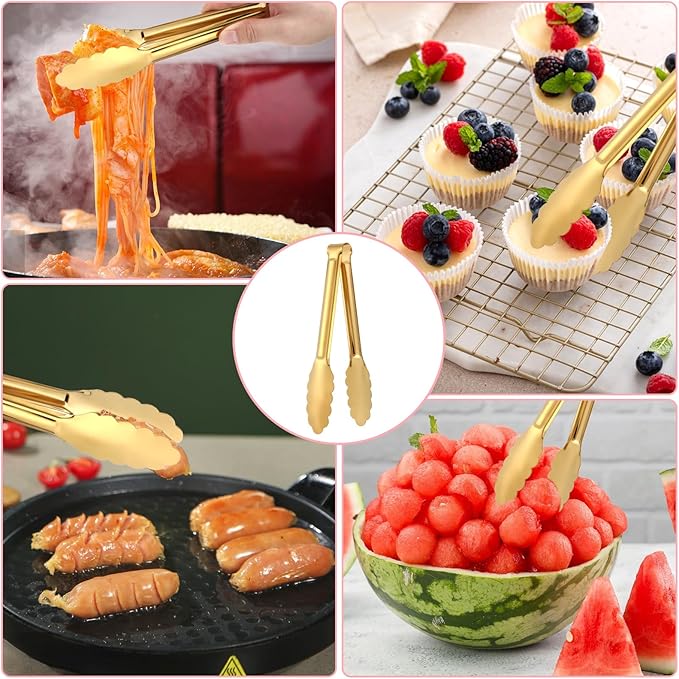 12 Pack Stainless Steel Buffet Tong Gold Serving Tongs 9 Inch Buffet Utensils Heavy Duty Durable Clamps Metal Kitchen Clip for Salad Steak Wedding Party Banquet Gathering