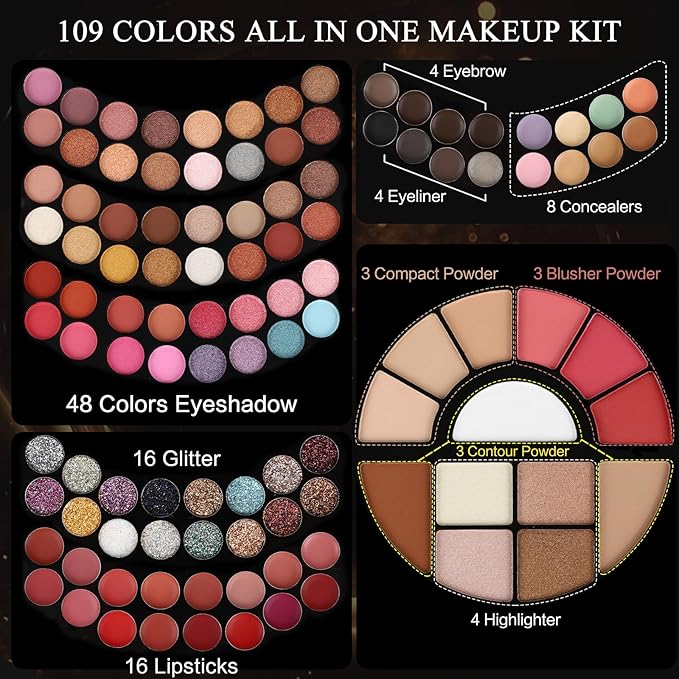 109 Colors Makeup Kit for Women Girl Full Kit Gift Set with Mirror All in One Make up Palette Included Eyeshadow Glitter Lipstick Concealer Eyeliner Eyebrow Highlighter Contour Blusher Compact PowderY-BrightBean Baby
