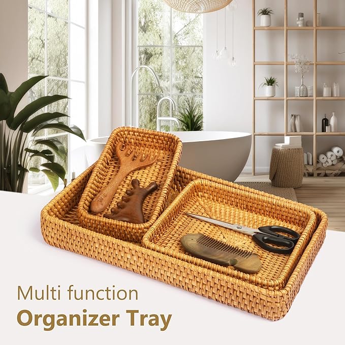 Rattan Tray Set of 3, Rectangular Woven Wicker Tray, Natural Wicker Rattan Serving Baskets for Table Kitchen Bathroom Counter Organizing