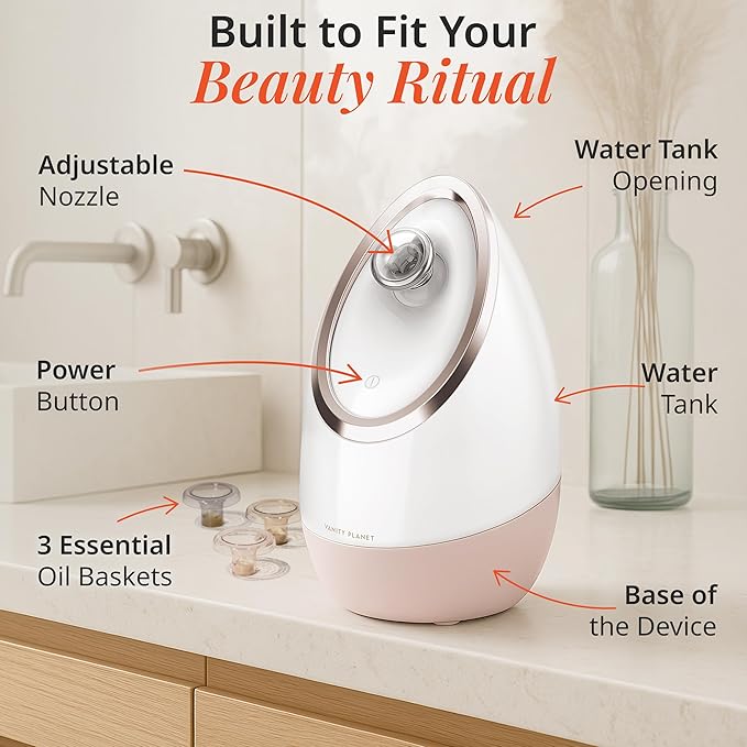 Vanity Planet Aira Ionic Facial Steamer (Rose Gold) - Pore Cleaner That Detoxifies, Cleanses and Moisturizes - Adjustable Nozzle, Water Tank with 3 Essential Oil Baskets-BrightBean Baby